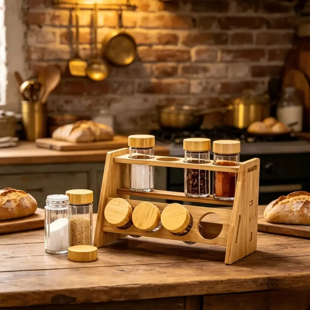 طقم علب بهارات زجاج 8قطع مع ستاند خشب